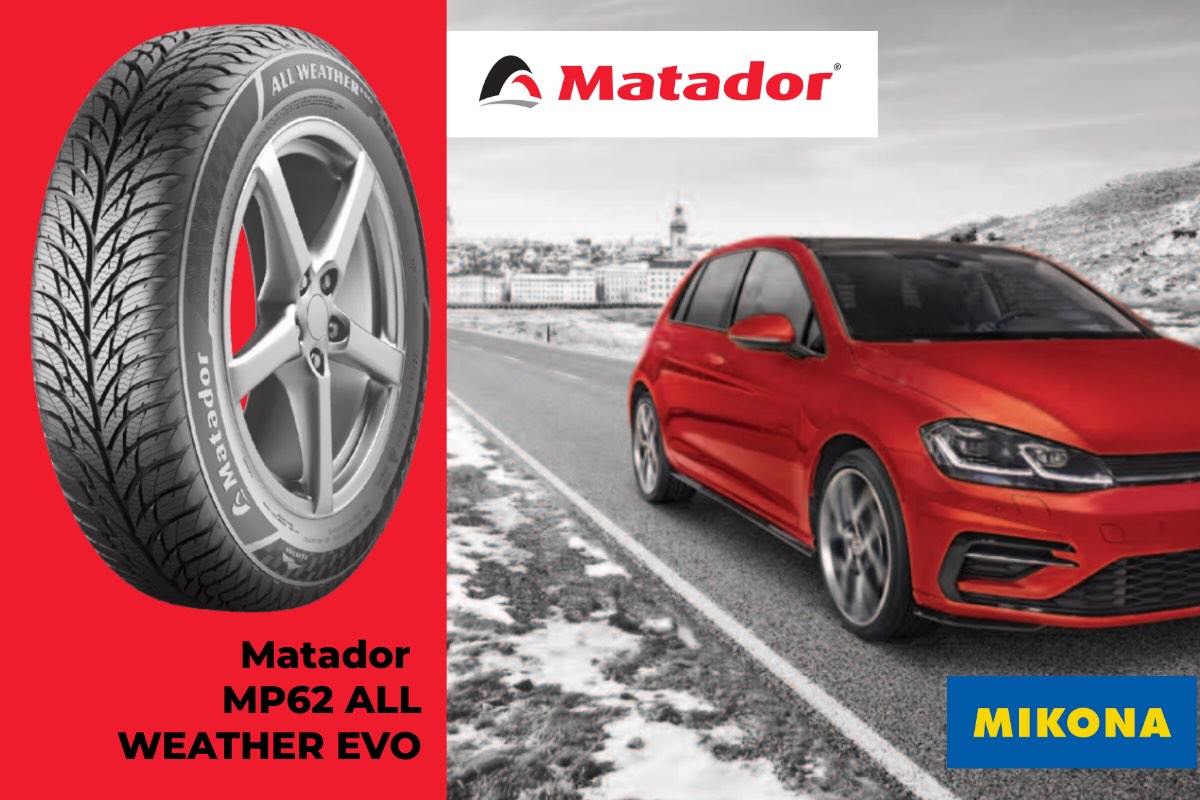 Detail dezénu celoročnej pneumatiky Matador MP62 All Weather Evo s asymetrickým vzorom a hustými lamelami pre lepší záber na mokrej ceste aj snehu.